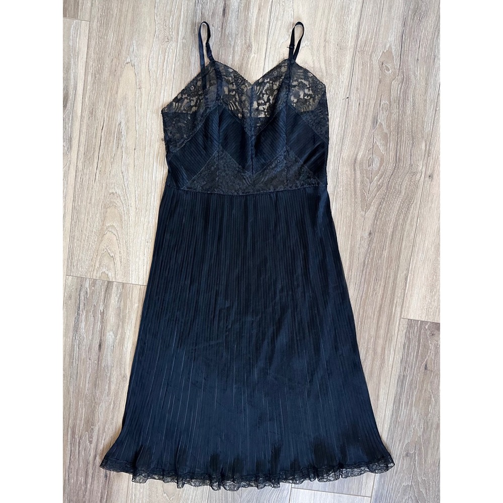 Vintage Black Sheer Pleated Lace Slip Dress Dark Romantic Gothic Midi Chemise‎